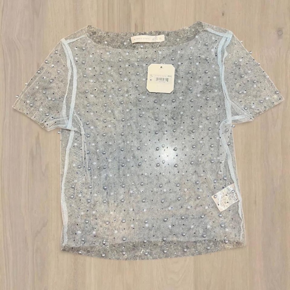 Altar'd State Sky Blue Pearl-Embellished Mesh Top